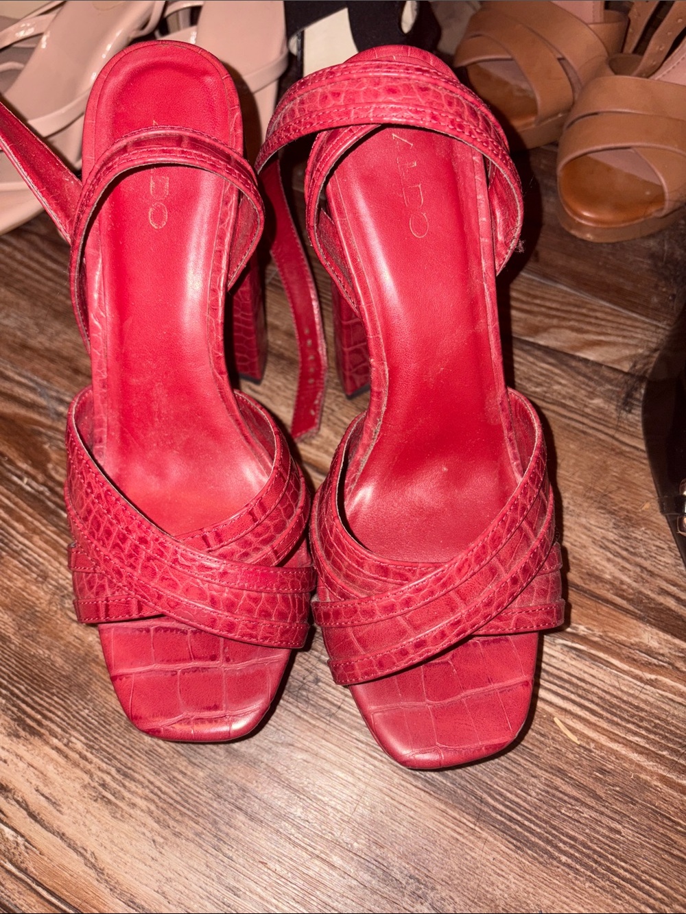 Aldo Red Croc-Embossed Strappy Platform Heels